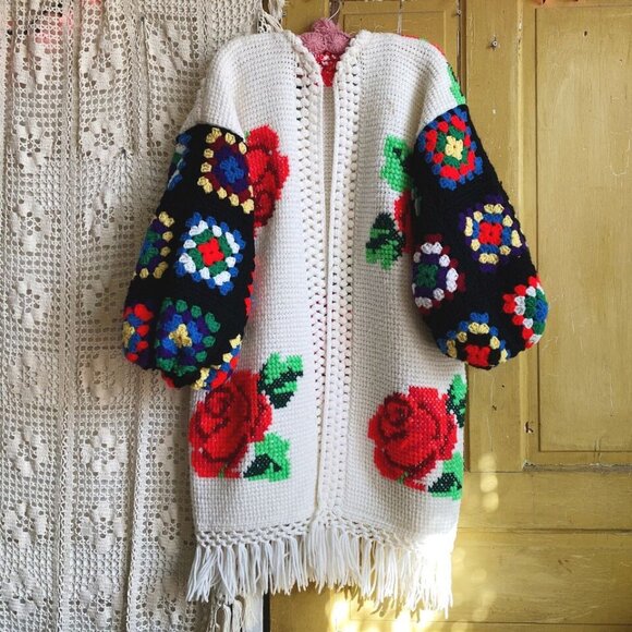 Red Rose Granny Square Sweater Vintage Cross Stitch Handmade